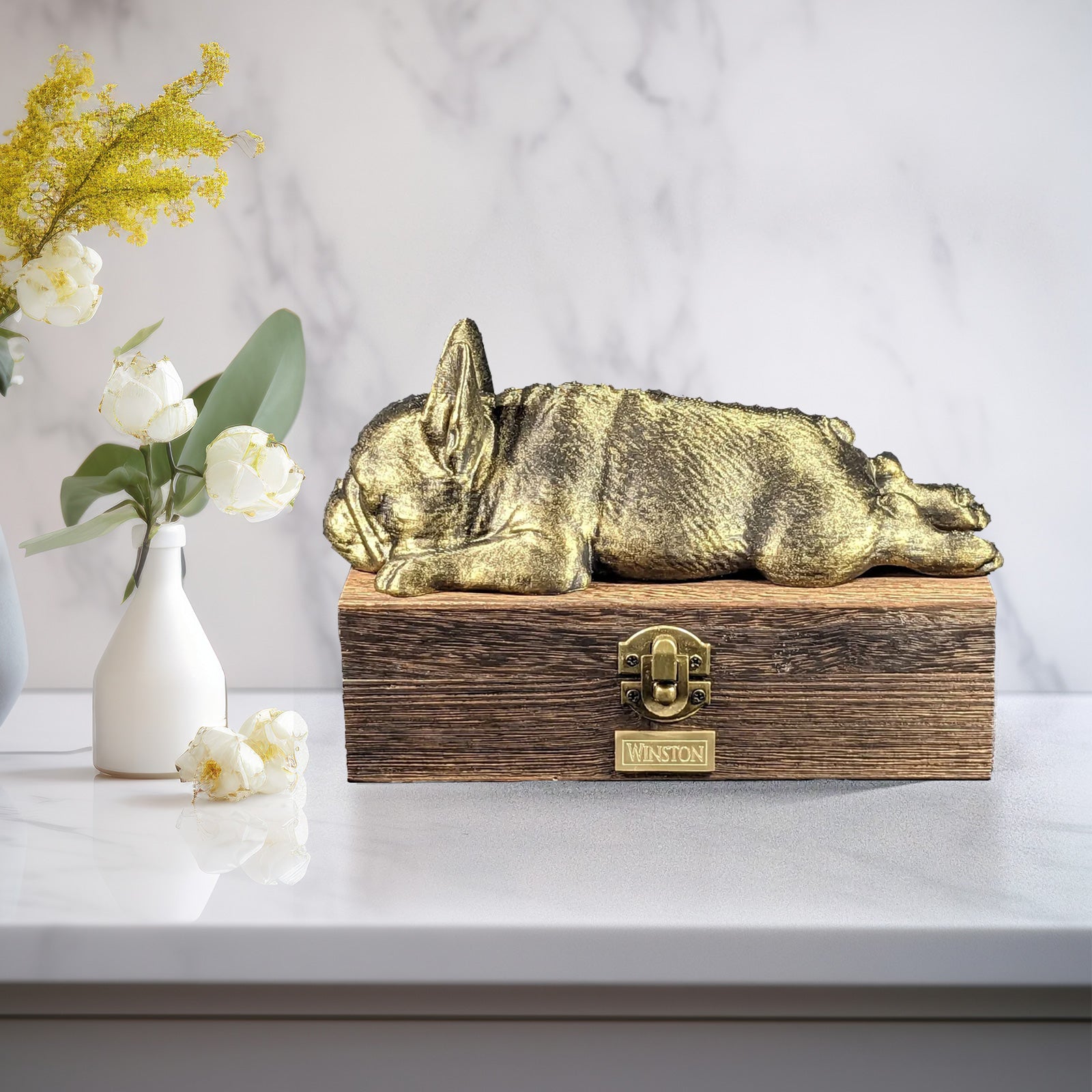 Custom Pet Memorial Urn with Plate Personalized French Bulldog Ashes Box - MACIFECI