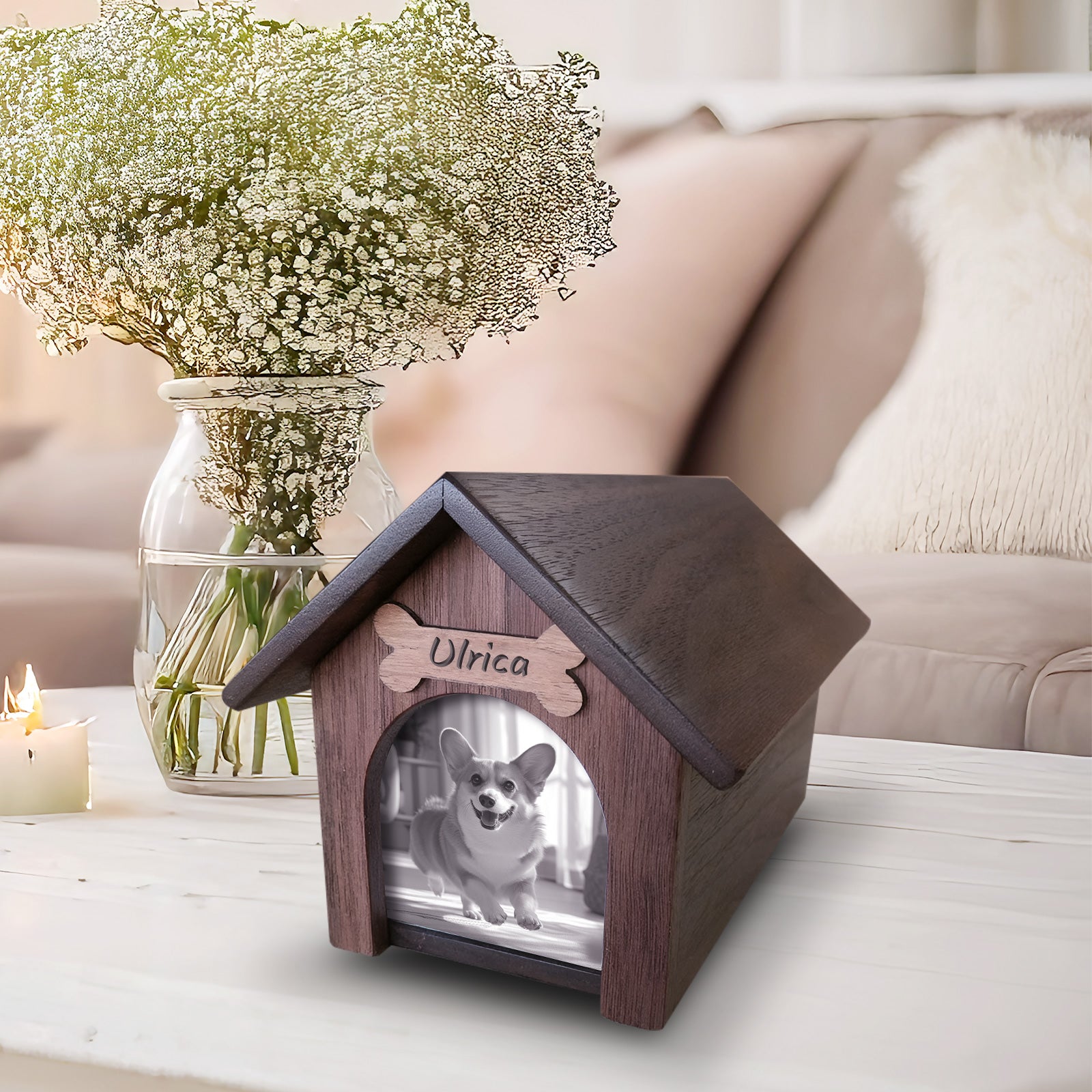 Doghouse Custom Pet Memorial Urn Personalized Dog Ashes Box with Picture Frame - MACIFECI