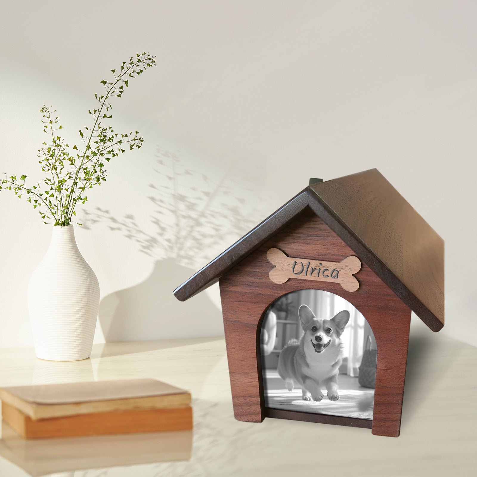 Doghouse Custom Pet Memorial Urn Personalized Dog Ashes Box with Picture Frame - MACIFECI