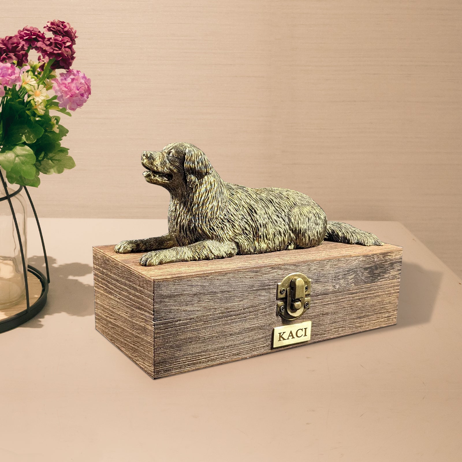 Personalized Golden Retriever Ashes Box  Handcrafted Wood Urn with Custom Name Plaque - MACIFECI