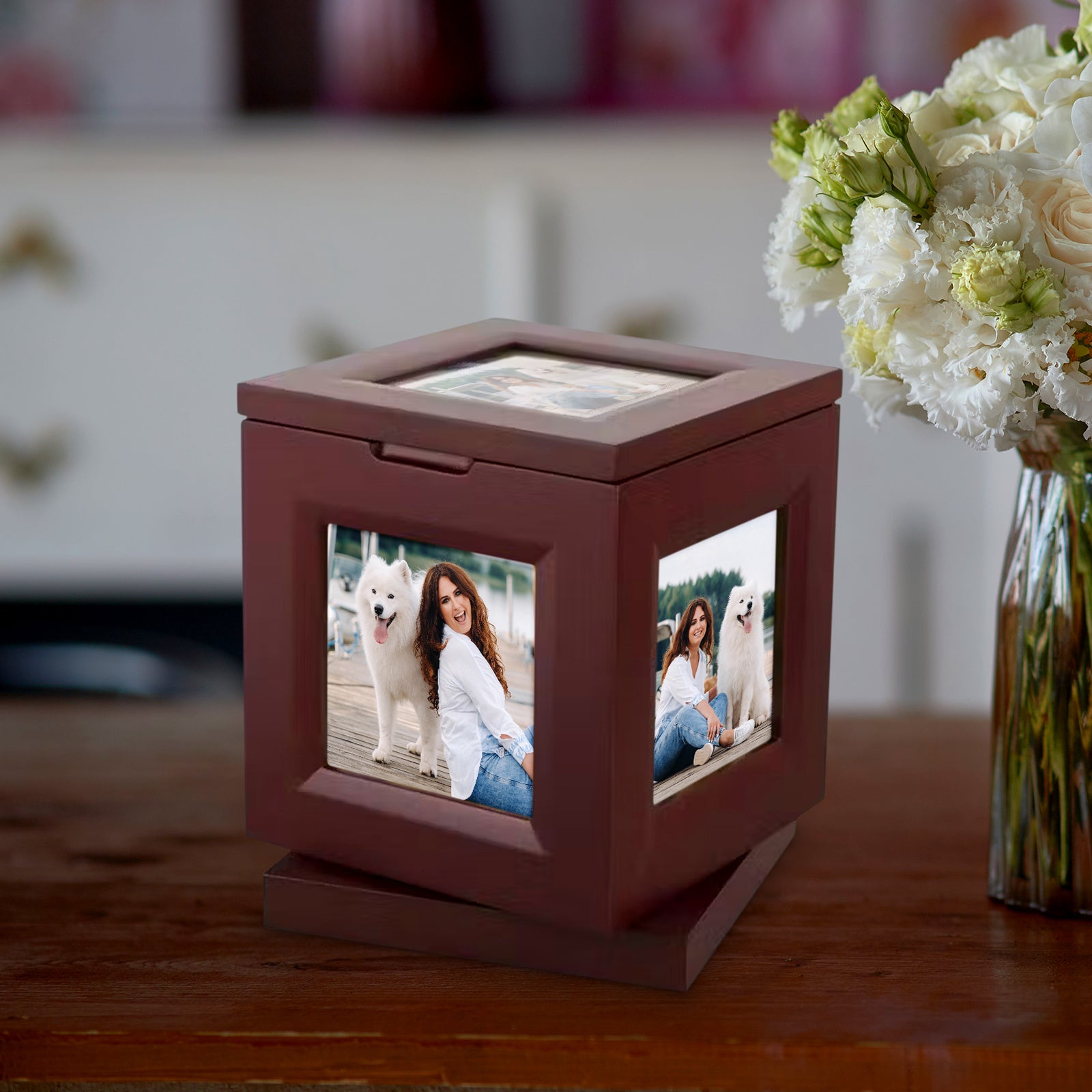 Personalized Wood Pet Cremation Urns for Dog and Cat Customized Memorial Photo Frame  Rotating Urn - MACIFECI