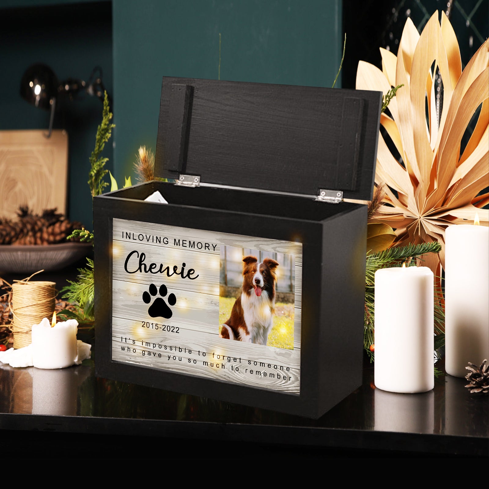 Personalized Wooden Lighted Pet Memorial Urn with Photo for Dog/Cat Ashes - MACIFECI