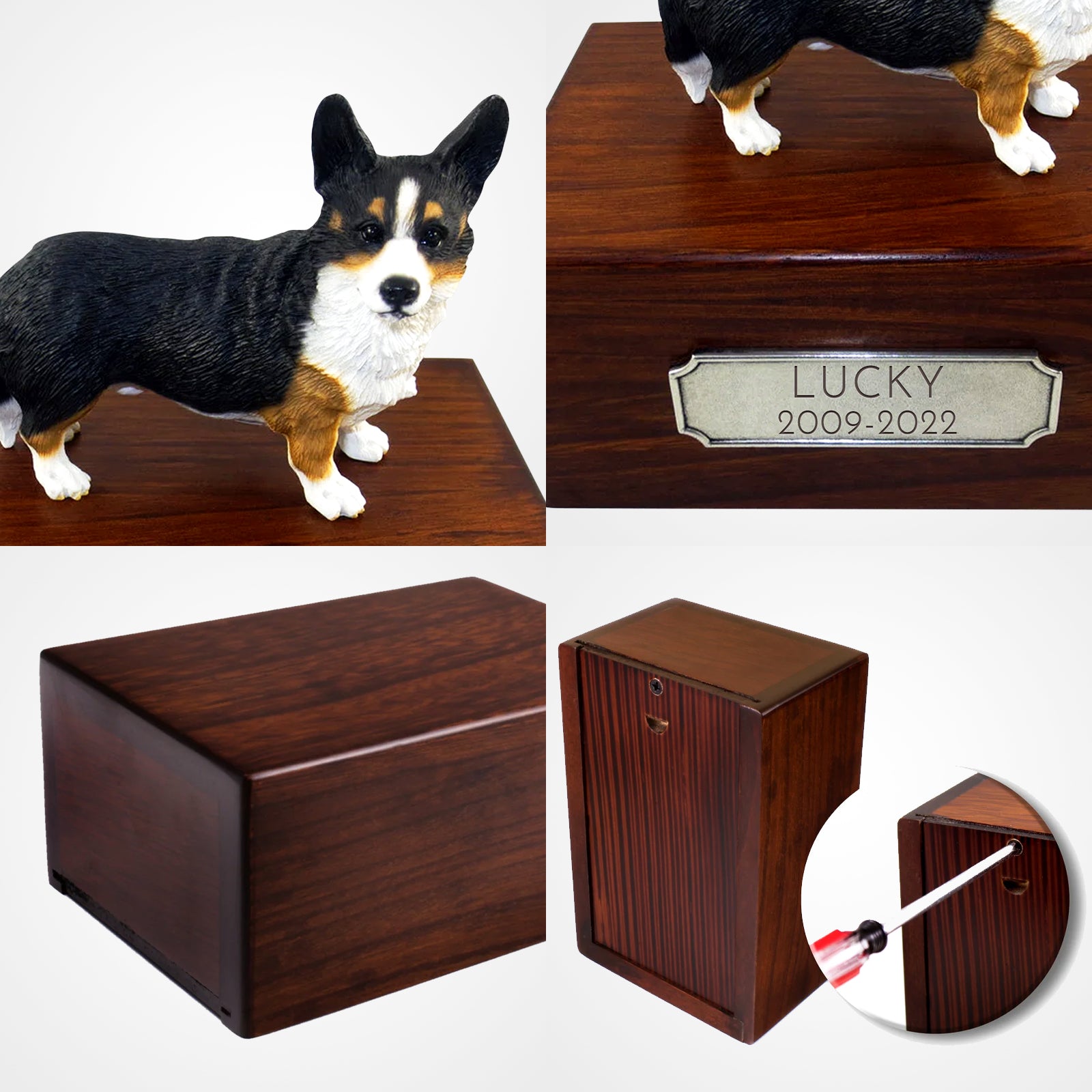Personalized Wooden Pet Cremation Boxes with Name Plate for Welsh Corgi - MACIFECI